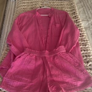 Aerie Vibrant Pink Textured Button-Up Top
